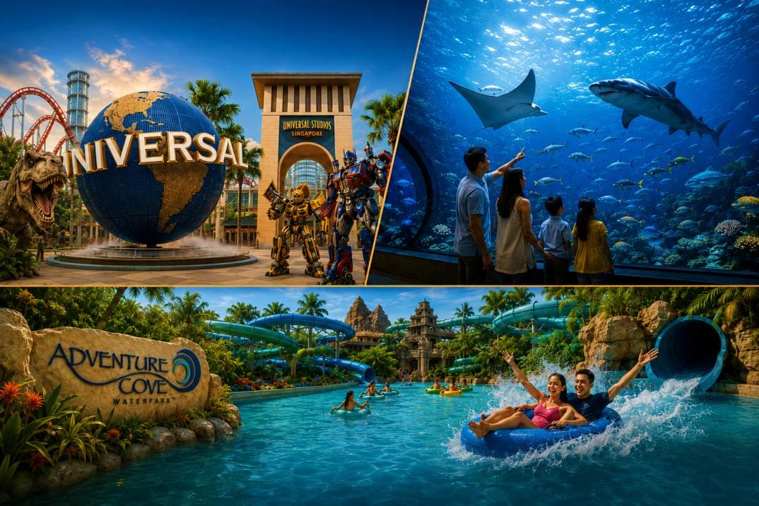 Sentosa Mega Combo attractions including Universal Studios globe, S.E.A. Aquarium with sharks, and Adventure Cove Waterpark w